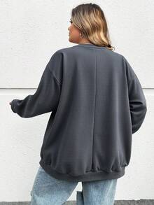 SHEIN CURVE+ 秋冬大码休闲宽松纽约图案圆领长袖女式运动衫 - 深灰色 - 查看 2