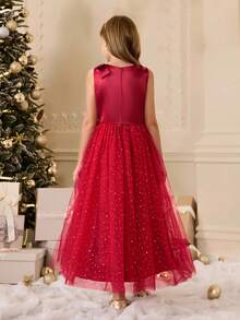 Girls' Chiffon Mesh Spaghetti Strap Dress, Suitable For Flower Girl, Halloween, Performance, Luxury Party, Holiday Event Fall Winter - Red - View 2