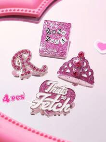 Mean Girls X SHEIN 4pcs/Set Fashionable Cute Zinc Alloy Pink Brooch With Rhinestone Decor, Shiny Pin Collection Gift, Crown, Love