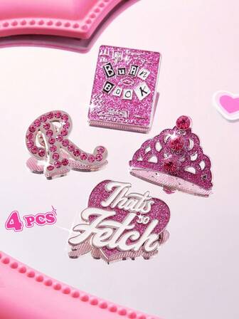 Mean Girls X SHEIN 4pcs/Set Fashionable Cute Zinc Alloy Pink Brooch With Rhinestone Decor, Shiny Pin Collection Gift, Crown, Love