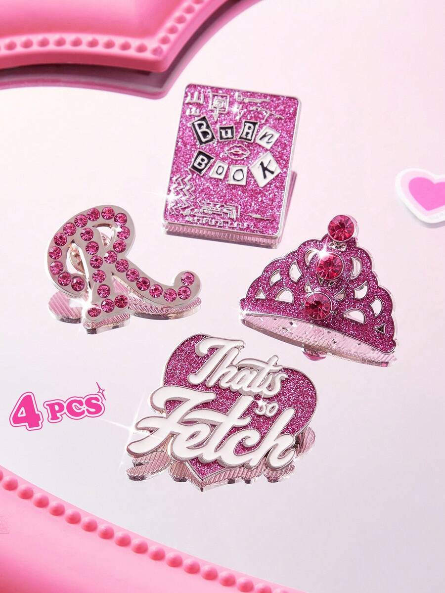 Mean Girls X SHEIN 4pcs/Set Fashionable Cute Zinc Alloy Pink Brooch With Rhinestone Decor, Shiny Pin Collection Gift, Crown, Love