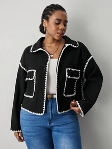 SHEIN Tall CURVE Plus Size Women Flower Trim Drop Shoulder Long Sleeve Casual Jacket, Autumn/Winter - Black and White - View 3