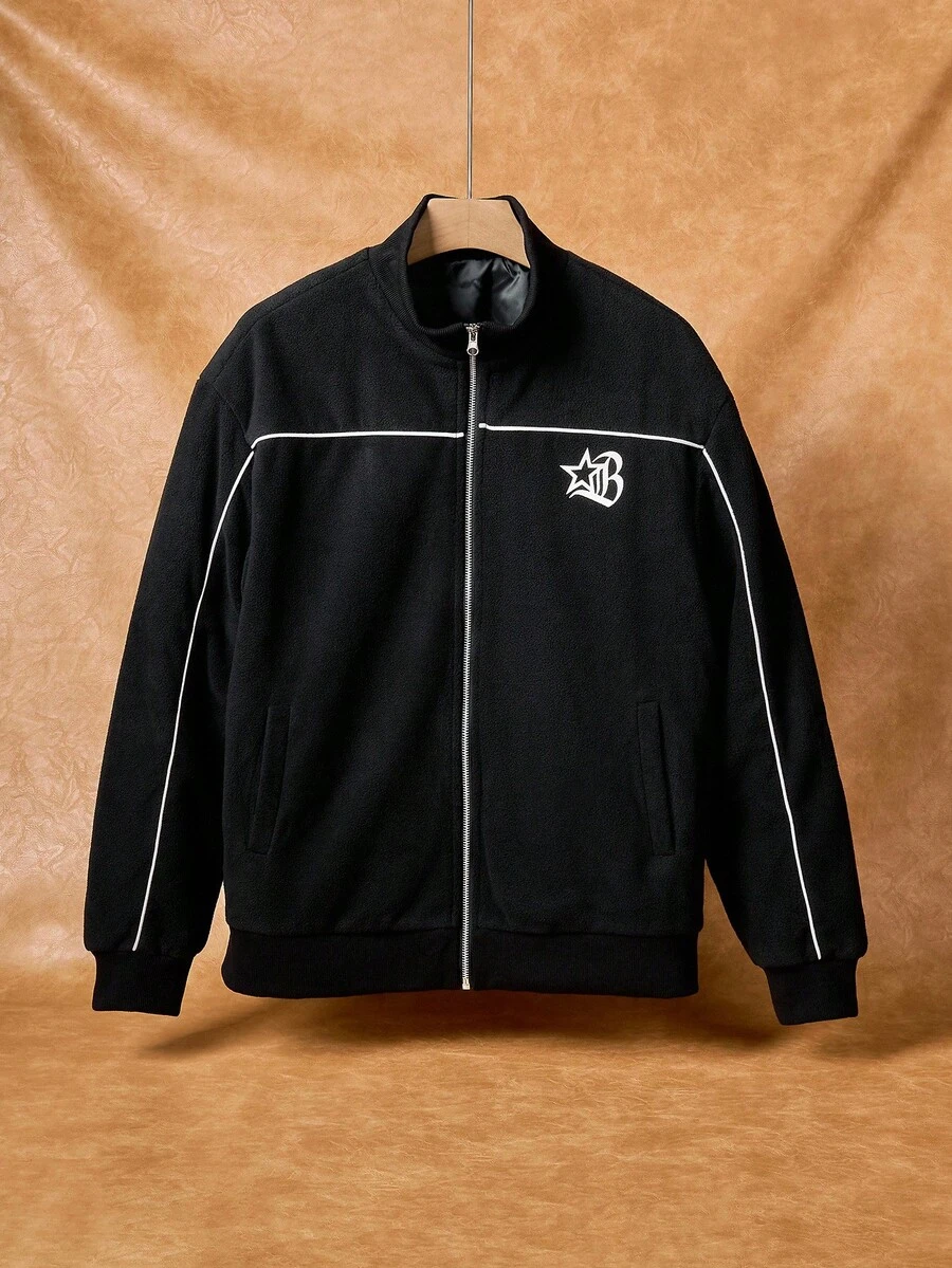 Manfinity Hypemode Men Fleece, Letter Print, Black Outdoor Windbreaker Jacket , Fall/Winter - Black - View 1
