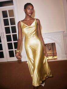 Maija 女士优雅露背连衣裙，纯色，适合派对 - 黃色 - 查看 2