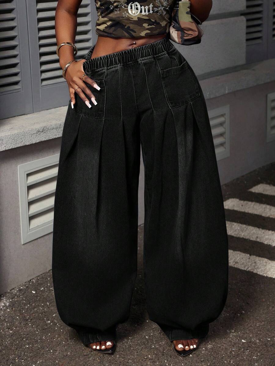 Slaydiva Women's Casual Washed Pleated Wide Leg Jeans - Black - View 1