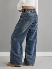 SHEIN 女童复古蓝色宽松低腰牛仔裤 - 深色水洗藍 - 查看 2