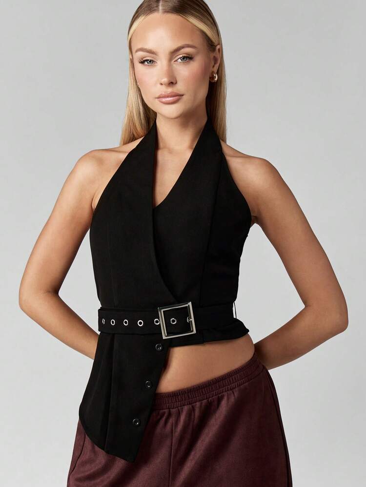 MISSGUIDED Asymmetric Halter Neck Belted Waistcoat With Button Details Office Work Blazer