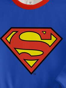 SUPERMAN X SHEIN 年轻男孩休闲时尚街头标志印花撞色领落肩宽松套头衫，秋季/春季 - 白色 - 查看 4