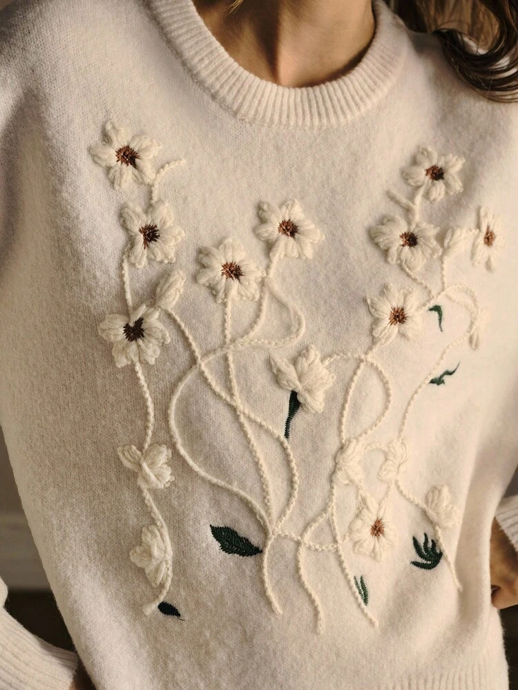 EMBROIDERY APPLIQUES DROP SHOULDER SWEATER