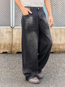 STONE DISTRICT 1pc Men Loose Casual Wide Leg Distressed Vintage High Street Washed Wide Leg Jeans, Denim Jeans, Denim, Fall, Winter Spring To Summer , Retro American, Unisex, Relaxed Fit Summer Outfits – Suitable For Everyday Wear And Summer Holiday Outfits. - Black - View 4