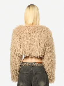 SUMWON WOMEN Luxurious Faux Fur Cropped Shrug Long Sleeve Winter Fashion Bolero Jacket Plush Teddy Bear Fuzzy Evening Party Club Wear Statement Piece