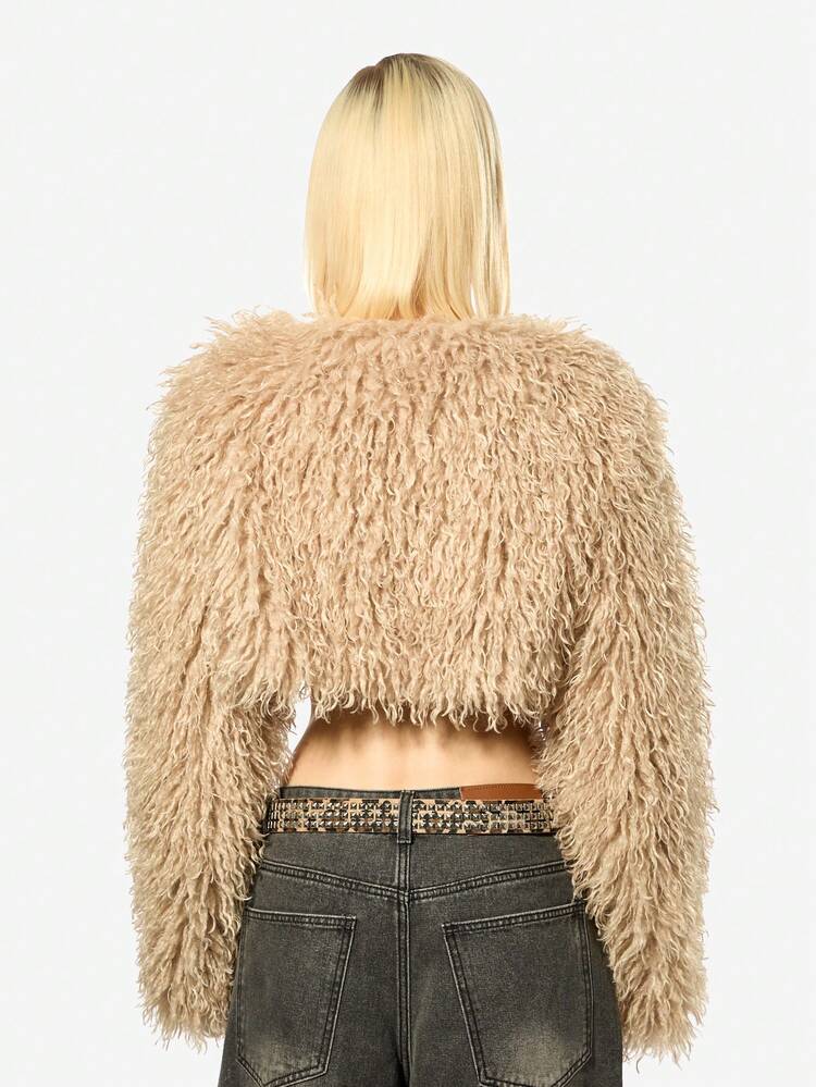 SUMWON Luxurious Faux Fur Cropped Shrug Long Sleeve Winter Fashion Bolero Jacket Plush Teddy Bear Fuzzy Evening Party Club Wear Statement Piece
