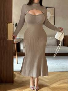 Flirla 秋冬优雅立领修身镂空针织连衣裙 - 杏色 - 查看 1