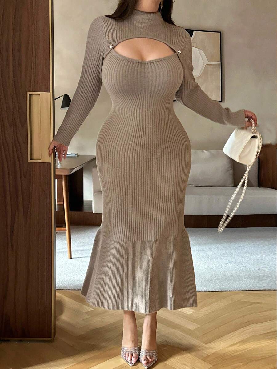 Flirla 秋冬优雅立领修身镂空针织连衣裙 - 杏色 - 查看 1