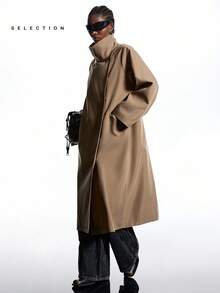 LYSMO 女士纯色翻领长袖宽松休闲风衣 - 卡其色 - 查看 6