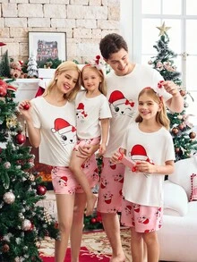 Tween Girl Family Party Happiness Family Matching Comfortable Cat Print Pajama Set, Easy Comfort, Christmas - Multicolor - View 4