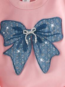 SHEIN Explorewe 2 件年轻女孩秋冬针织圆领 T 恤和蝴蝶结亮片装饰腰带蝴蝶结针织裤套装，运动时尚套装，适合女孩蝴蝶结秋季服装 - 粉色 - 查看 3