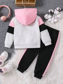2pcs Young Girl Casual All-Match Athletic Hooded Jacket + Sports Sweatpants Set, Grey+Pink+Black Colorblock, Warm Lining, Zipper Front Pockets - Multicolor - View 2