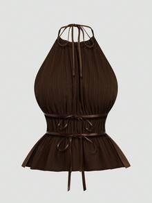 Sweetra 2pcs/Set Solid Color Minimalist Sleeveless Crop Top And Skinny Pants, Sexy Style - Brown - View 8