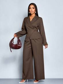 SOLERSUN Women's Elegant Commuting Coffee Tweed Wrap Blazer With Front Tie Back And Wide Leg Pants Suits Fall Cloth For Women - Coffee Brown - View 1
