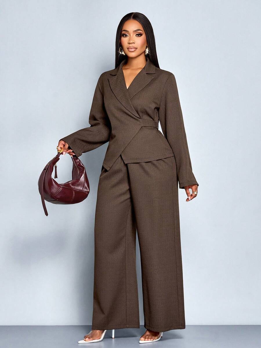 SOLERSUN Women's Elegant Commuting Coffee Tweed Wrap Blazer With Front Tie Back And Wide Leg Pants Suits Fall Cloth For Women - Coffee Brown - View 1