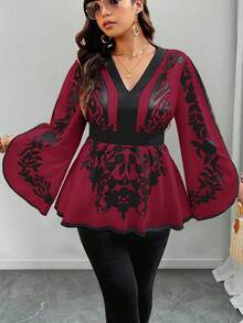 SHEIN Clasi 加大码花卉印花腰部收紧 A 字形 V 领喇叭袖休闲通勤优雅度假衬衫 - 玫瑰紅 - 查看 5