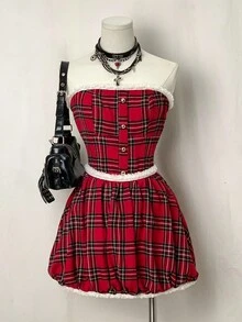 EgrlEra Women's Fashionable Christmas Red Plaid Fuzzy Decor Sleeveless Tube Dress, Suitable For Party And Date, Autumn/Winter - Red - View 1