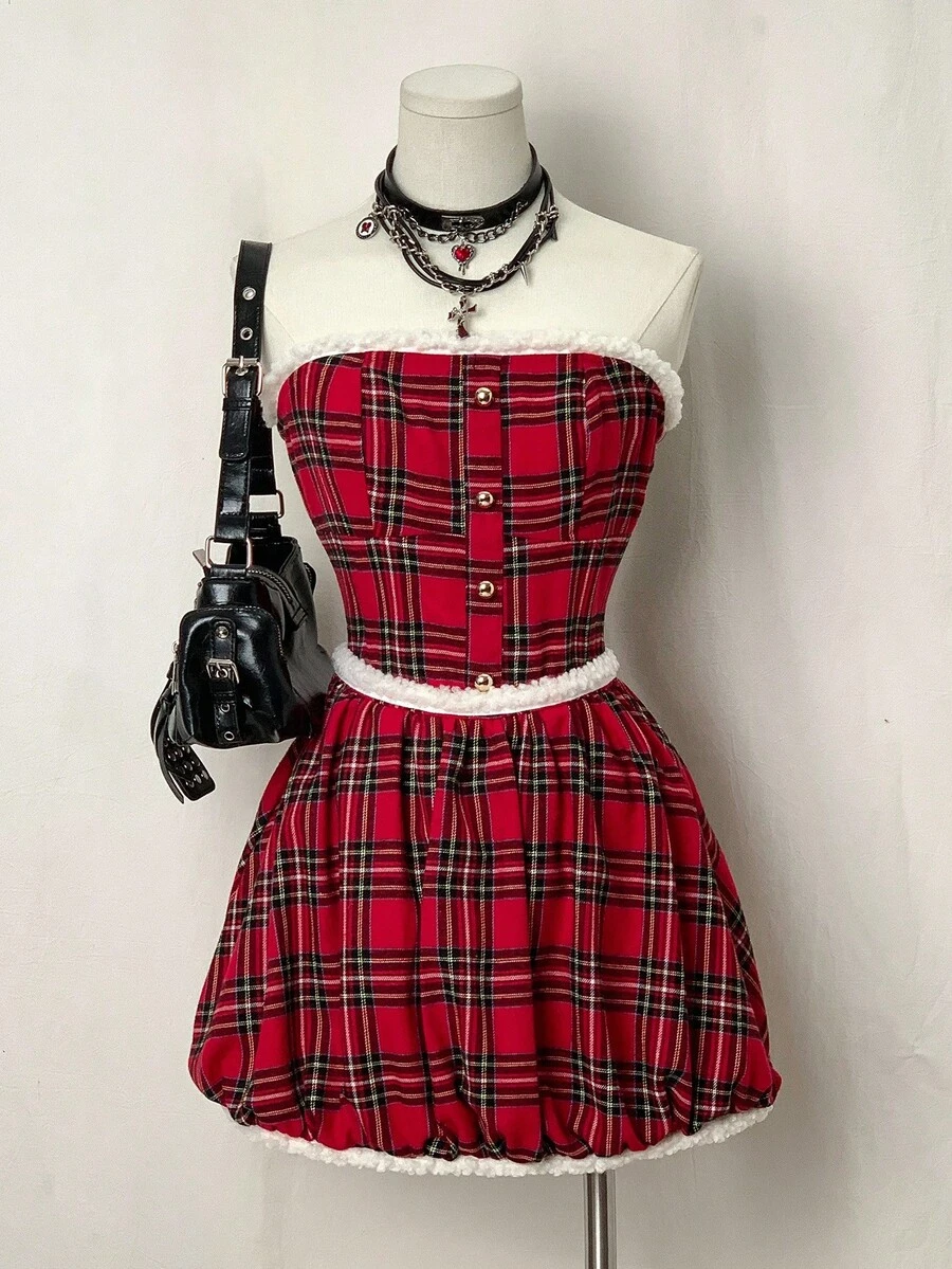 EgrlEra Women's Fashionable Christmas Red Plaid Fuzzy Decor Sleeveless Tube Dress, Suitable For Party And Date, Autumn/Winter - Red - View 1