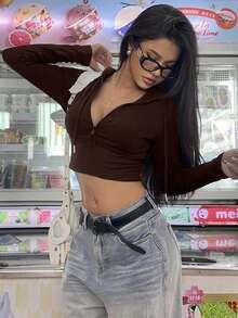 SHEIN EZwear Áo nỉ ngắn tay dài có khóa kéo màu trơn dành cho nữ, thời trang thu/đông - Cà phê nâu - Xem 7