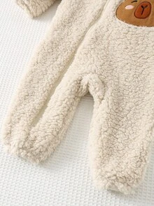 Cozy Pixies 男婴秋冬卡通图案保暖内衬连帽长袖连体衣，百搭舒适 - 杏色 - 查看 7