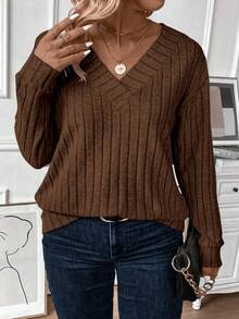 EMERY ROSE Casual Fashionable Minimalist 12*4 Fleece Ribbed V-Neck Plus Size Sweatshirt, Autumn/Winter - Coffee Brown - View 1