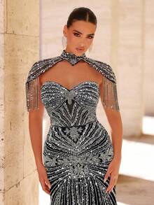 Glamrae 优雅奢华珍珠亮片网眼美人鱼连衣裙，流苏袖设计，适合婚礼、派对、度假、舞会礼服（重饰） - 黑色 - 查看 3