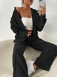 SHEIN Unity Camisa y pantalones de hombro caído de un solo color - Negro - Ver 5