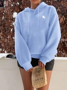 SHEIN EZwear Áo nỉ dày dáng rộng in hình người cưỡi ngựa tối giản, giản dị, cỡ lớn, thoải mái dành cho nữ, thích hợp cho mùa thu/đông, mùa tựu trường, họa tiết sân bay - Màu xanh lam - Xem 4