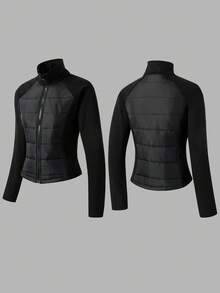 少女休闲时尚绗缝梭织面料风衣，棉质衬里，针织面料袖子和领子，修身设计，适合秋冬季日常通勤、郊游、派对、拍照 - 黑色 - 查看 3