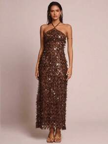 Glamine Damska sukienka w kolorze kawy z haftowanymi frędzlami i odkrytymi plecami, Sukienka damska w kolorze kawy, Elegancka sukienka na imprezę, Modna sukienka na wakacje z koralikami - Kawa - Zobacz 3