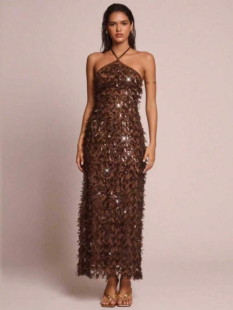 Glamine 女士咖啡色串珠流苏刺绣露背系带连衣裙，女士咖啡色连衣裙，女士优雅派对连衣裙，女士度假时尚串珠连衣裙 - 咖啡 - 查看 3