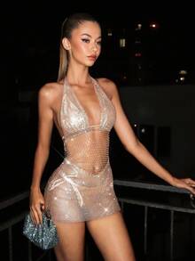 EgrlEra Váy dự tiệc siêu ngắn trong suốt dành cho nữ, chất liệu pha lê lấp lánh, phù hợp với trang phục dự tiệc câu lạc bộ - Rượu sâm banh - Xem 3