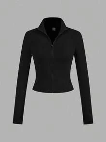 SHEIN EZwear 2 件黑色针织拉链长袖 T 恤，适合秋冬季 - 黑色 - 查看 5