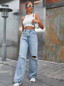 SHEIN EZwear Damen Winter Jeans mit Taschen, Destroyed-Optik, Loose Fit, Weites Bein, Verstärkte Denim