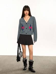 Rina Fox Vintage American Diamond Pattern Jacquard Knit Cardigan - Dark Grey - View 6