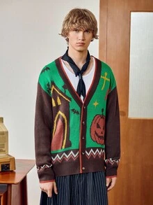 Manfinity Joysei 男士万圣节拼色南瓜图案开衫万圣节派对，万圣节毛衣万圣节开衫南瓜毛衣哥特毛衣毛衣开衫，秋冬 - 彩色 - 查看 5