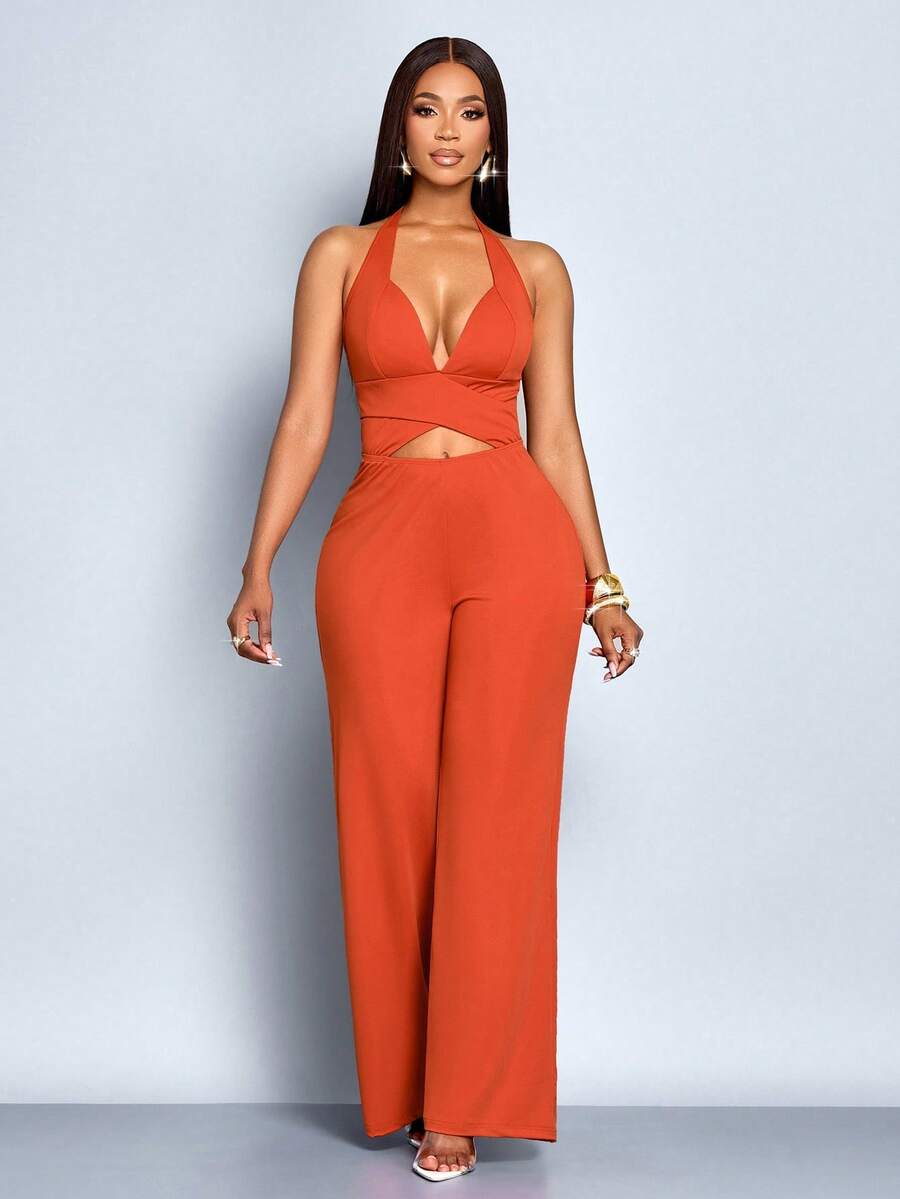 SOLERSUN Women's Elegant Solid Color Plunging Neck Criss Cross Cutout Backless Jumpsuits