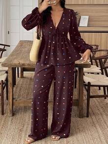 SHEIN LUNE Plus Size Heart Print Shirt And Pants 2 Pieces Set - Multicolor - View 4