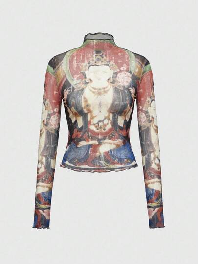 ROMWE Avant Top aderente e trasparente da donna con stampa di dipinto di Buddha della sottocultura