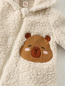 Cozy Pixies 男婴秋冬卡通图案保暖内衬连帽长袖连体衣，百搭舒适 - 杏色 - 查看 5