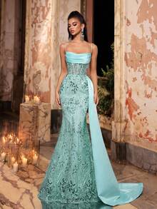 Glamrae Elegant Luxurious Beaded Embroidered Lace Sequin Floral Patchwork Satin Mermaid Skirt With Side Slit, Suitable For Wedding, Party, Prom, Vacation, Banquet (Heavy Embellishment) - Green - View 3