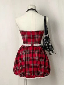 EgrlEra Women's Fashionable Christmas Red Plaid Fuzzy Decor Sleeveless Tube Dress, Suitable For Party And Date, Autumn/Winter - Red - View 2