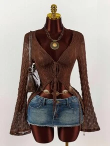 Amplova 90s Bell Sleeve Tie Front Textured Sheer Top - Chocolate Brown - View 5