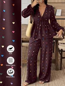 SHEIN LUNE Plus Size Heart Print Shirt And Pants 2 Pieces Set - Multicolor - View 1